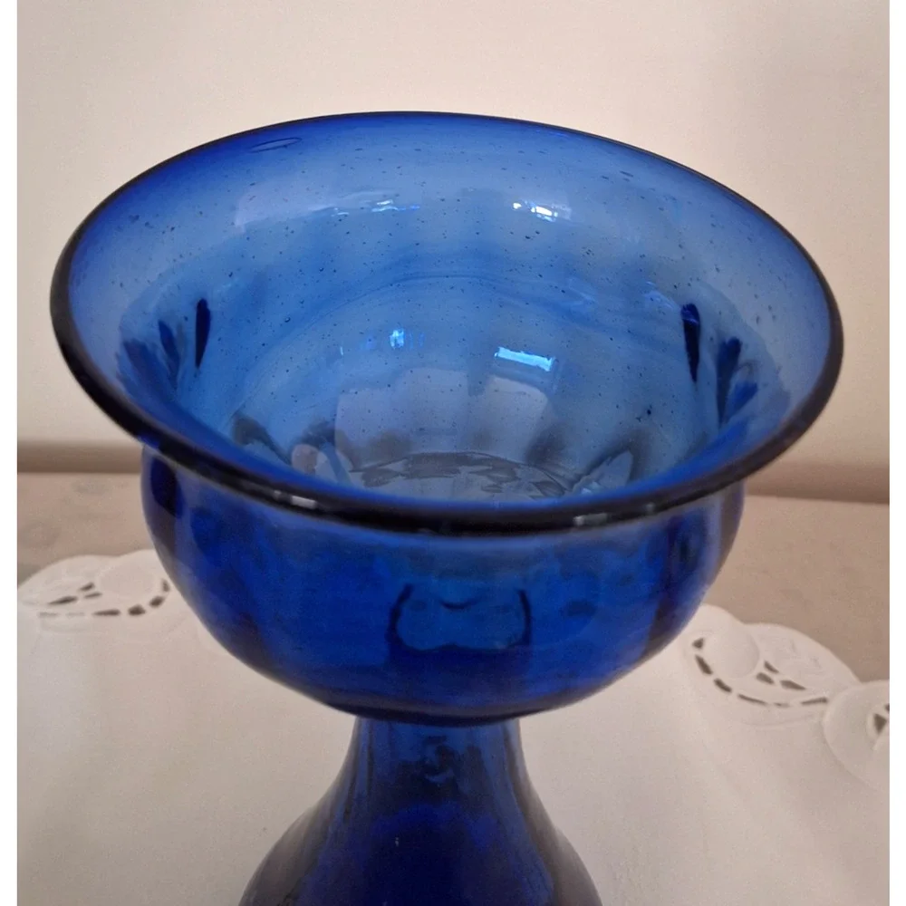 Vtg Cobalt Bue Hand Blown Glass Crocus Forcing Vase Optic Rib Polished Pontil
